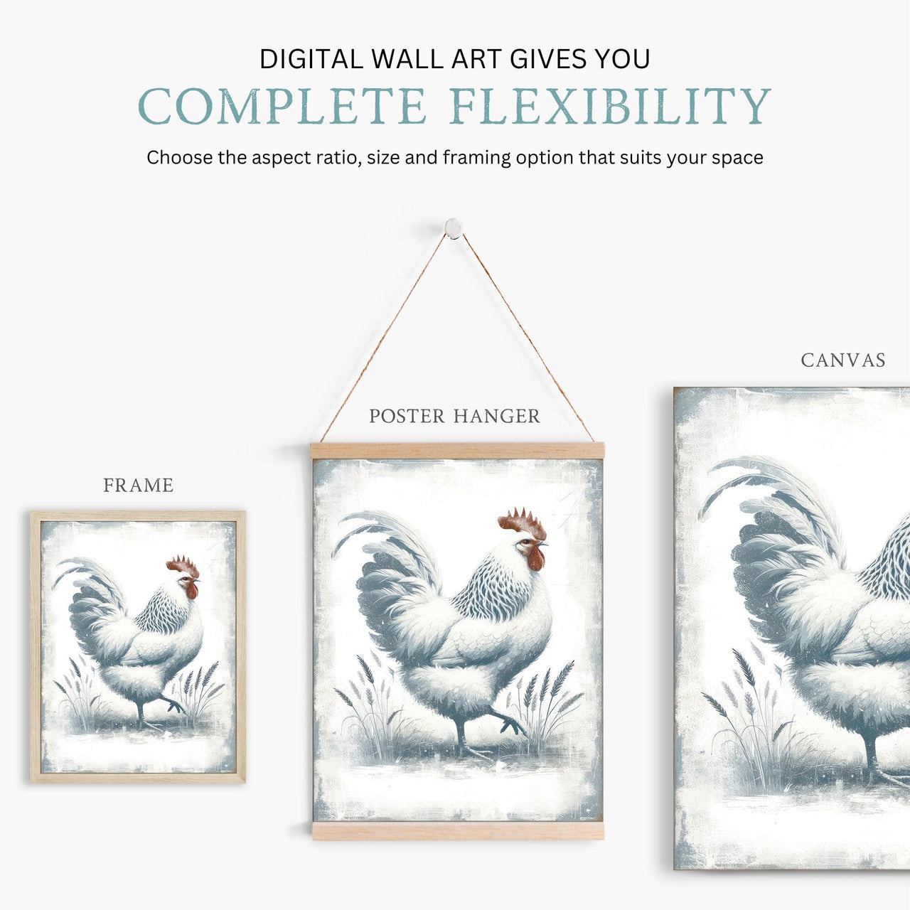 White Rooster Wall Art – Farm Animal Print for Living Room