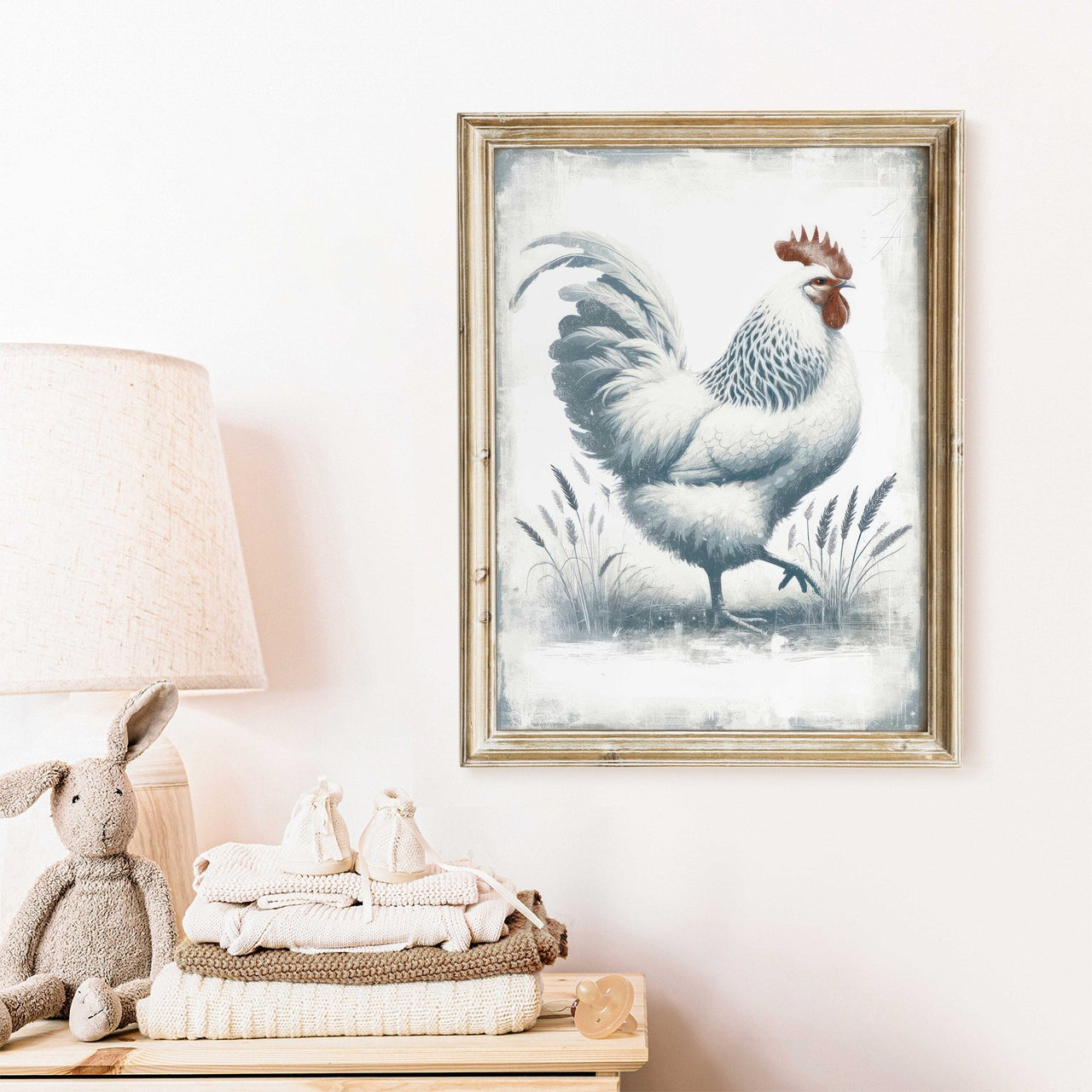 White Rooster Wall Art – Farm Animal Print for Living Room