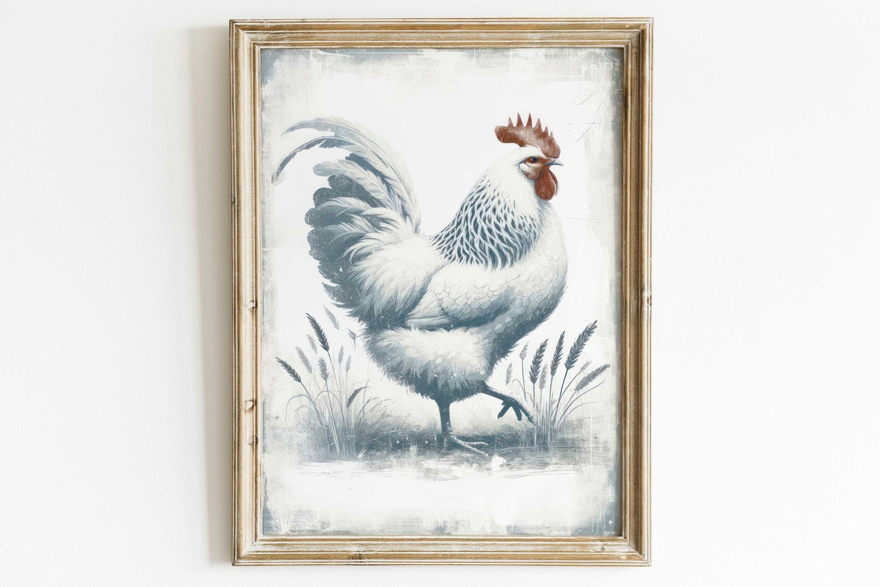 White Rooster Wall Art – Farm Animal Print for Living Room