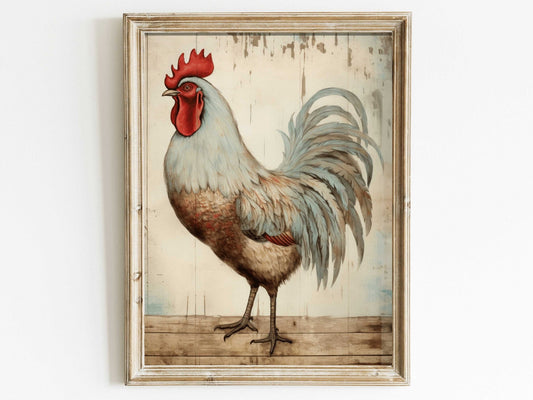 Vintage Rooster Portrait, Rustic Farmhouse Wall Art, Unique Chicken Print - WildfieldPrints