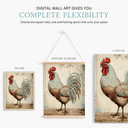 Vintage Rooster Portrait, Rustic Farmhouse Wall Art, Unique Chicken Print - WildfieldPrints