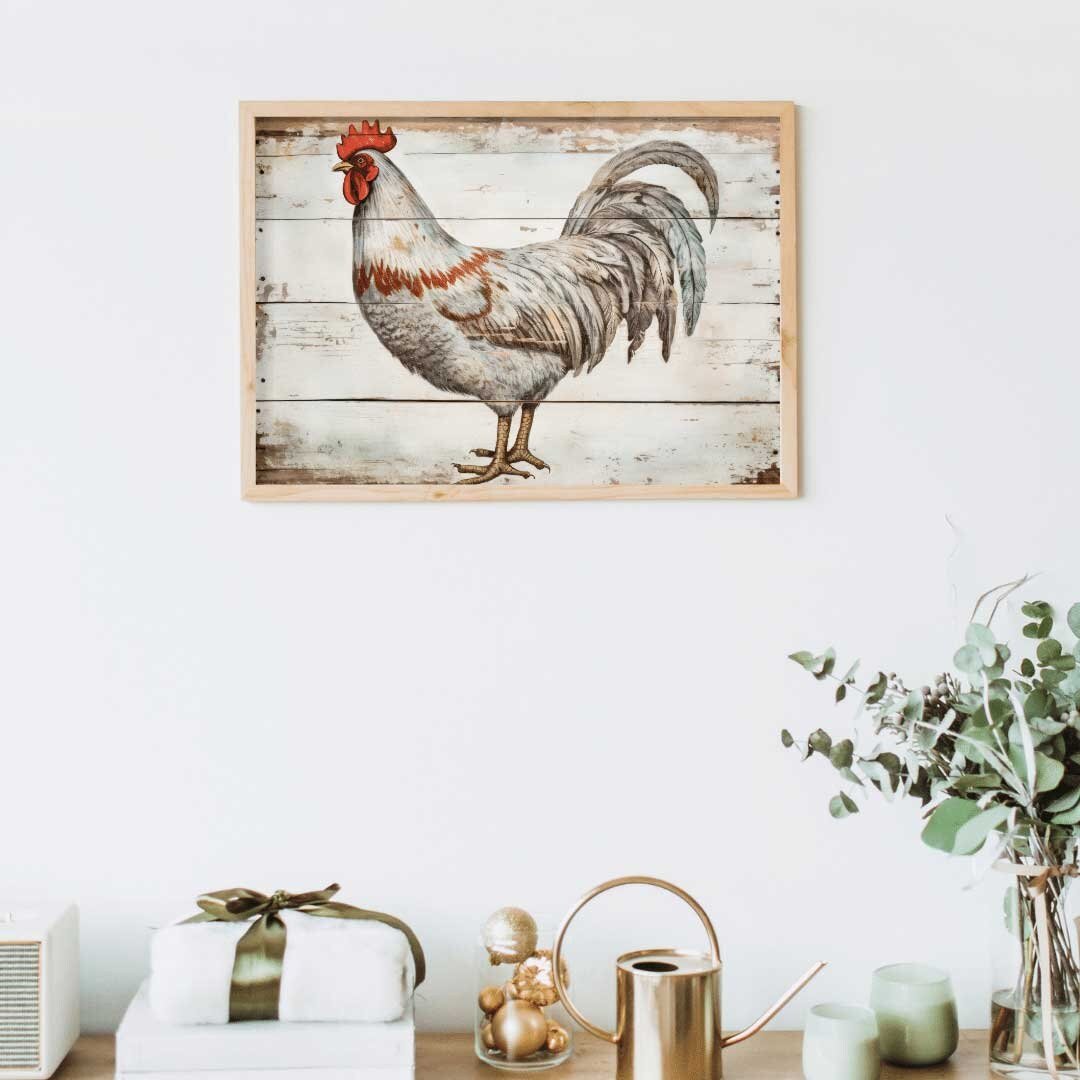 White Rooster Wall Art – Farmhouse Living Room Print