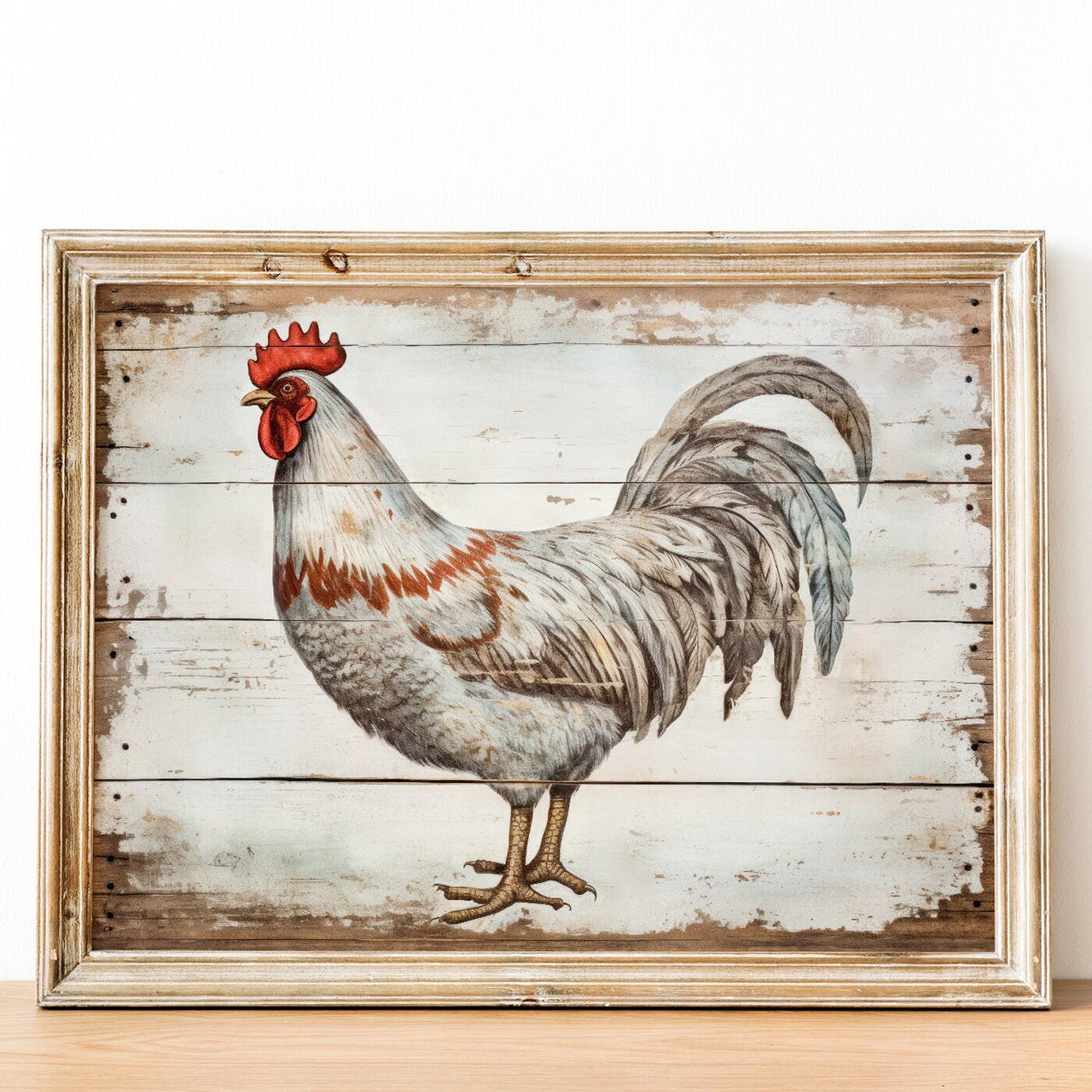 White Rooster Wall Art – Farmhouse Living Room Print