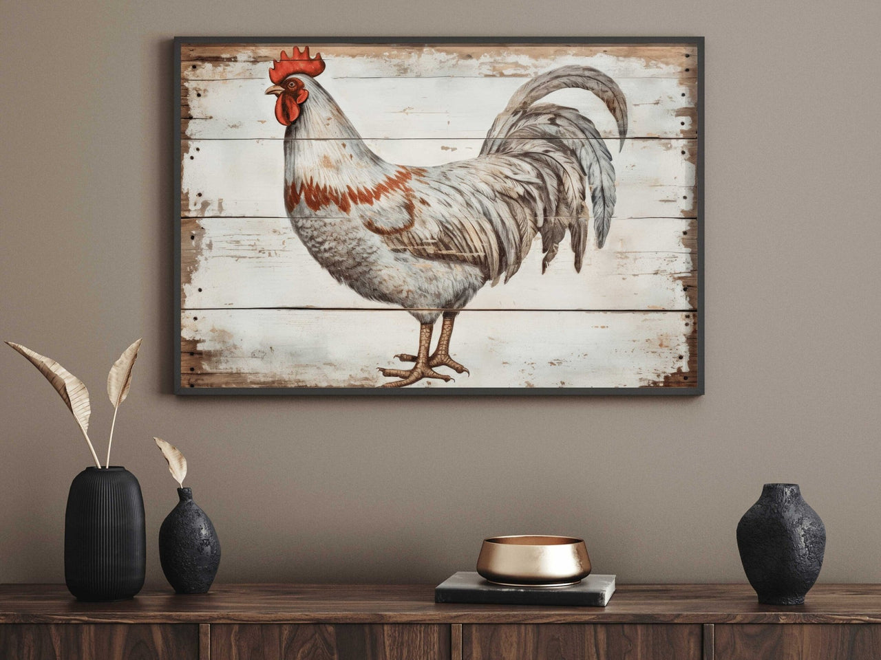 White Rooster Wall Art – Farmhouse Living Room Print