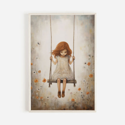 Vintage Rustic Nursery Art, Little Girl on Swing, Girls Room Decor - WildfieldPrints