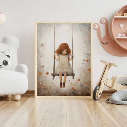 Vintage Rustic Nursery Art, Little Girl on Swing, Girls Room Decor - WildfieldPrints