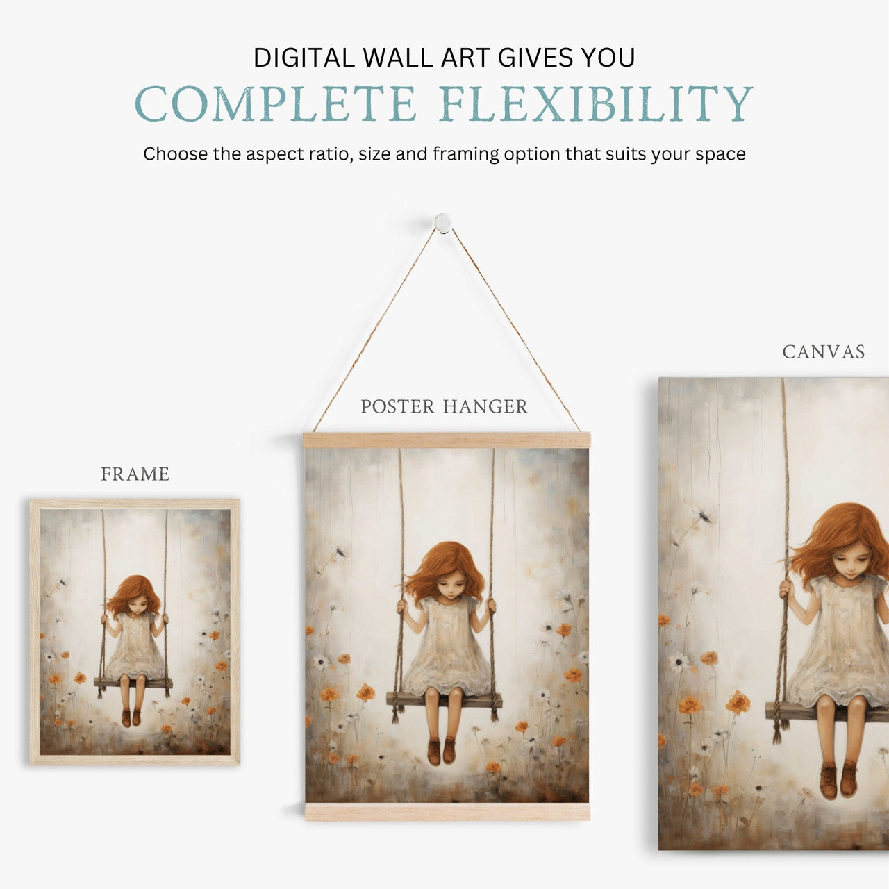 Little Girl on Swing Wall Art – Vintage Girls Room Print