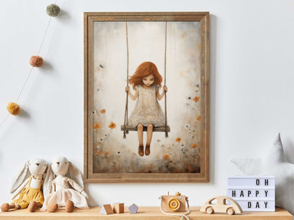 Vintage Rustic Nursery Art, Little Girl on Swing, Girls Room Decor - WildfieldPrints