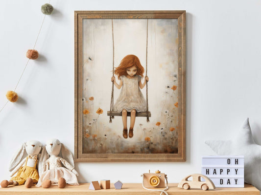 Vintage Rustic Nursery Art, Little Girl on Swing, Girls Room Decor - WildfieldPrints