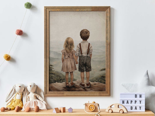 Vintage Sibling Love Print, Brother & Sister Adventure Decor, Family Bonding - WildfieldPrints