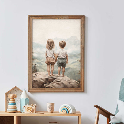 Vintage Siblings Adventure Wall Art, Brother & Sister Decor, Mountain Print - WildfieldPrints