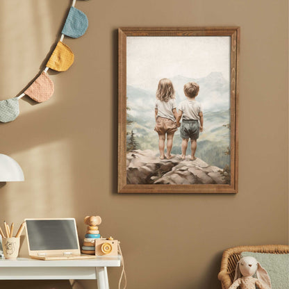 Vintage Siblings Adventure Wall Art, Brother & Sister Decor, Mountain Print - WildfieldPrints