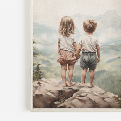 Vintage Siblings Adventure Wall Art, Brother & Sister Decor, Mountain Print - WildfieldPrints