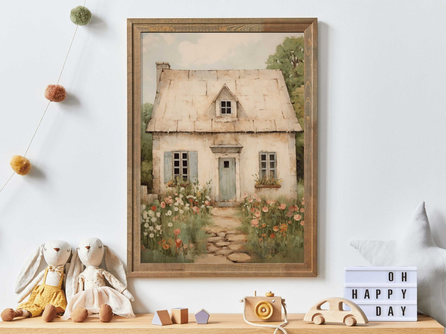 Vintage Stone House Print, French Countryside Painting, Rustic Farmhouse Decor - WildfieldPrints