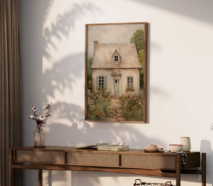Vintage Stone House Print, French Countryside Painting, Rustic Farmhouse Decor - WildfieldPrints