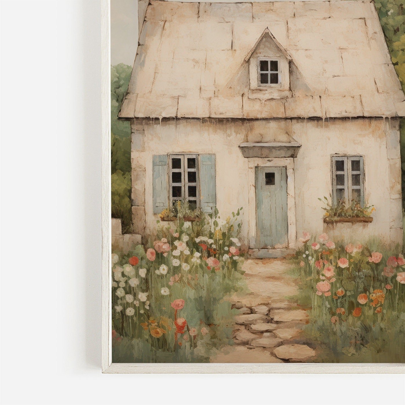 Vintage Stone House Print, French Countryside Painting, Rustic Farmhouse Decor - WildfieldPrints