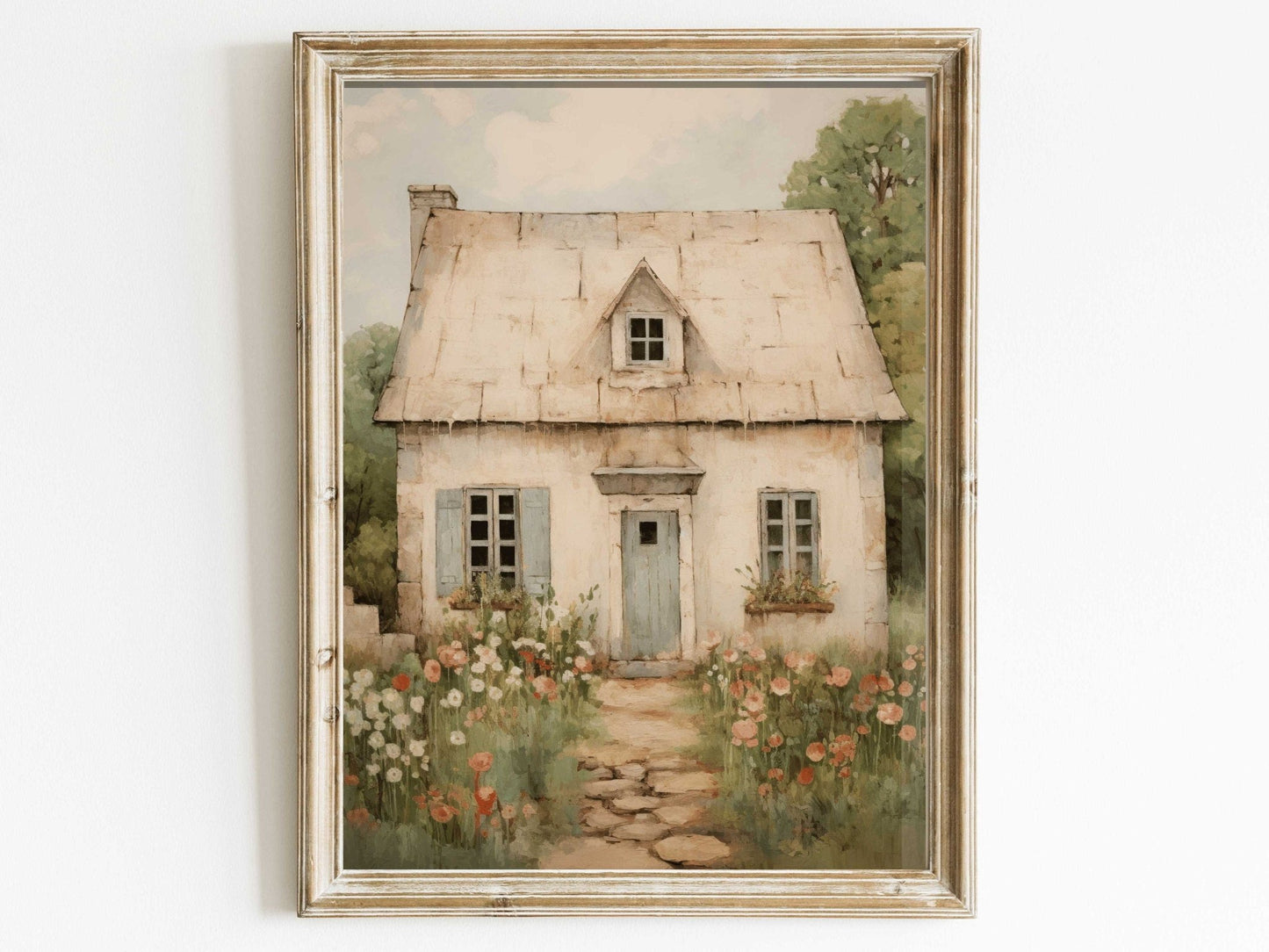 Vintage Stone House Print, French Countryside Painting, Rustic Farmhouse Decor - WildfieldPrints