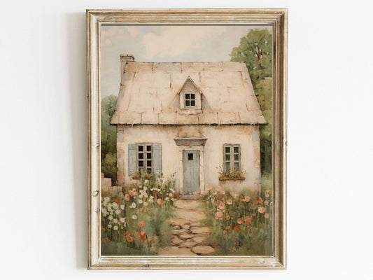 Vintage Stone House Print, French Countryside Painting, Rustic Farmhouse Decor - WildfieldPrints