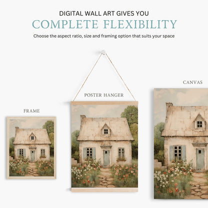 Vintage Stone House Print, French Countryside Painting, Rustic Farmhouse Decor - WildfieldPrints