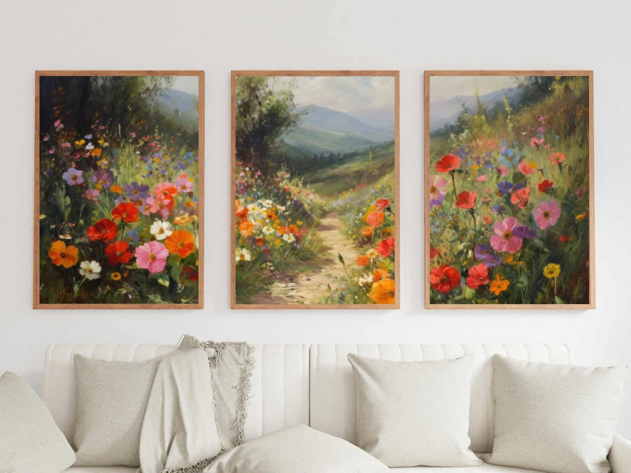 Wildflower Meadow Wall Art – Nature Living Room Print • Set of 3