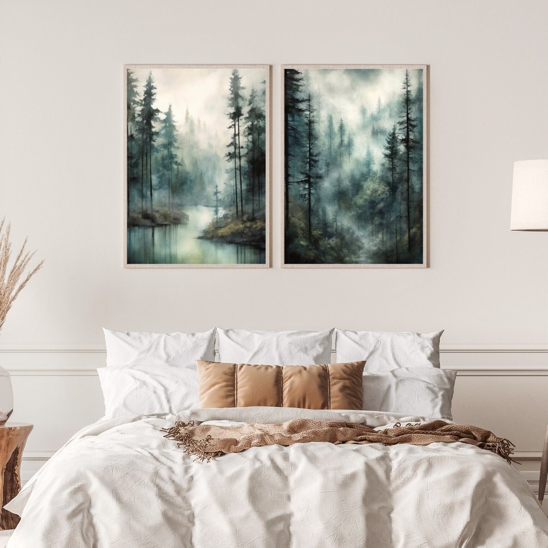 Moody Forest Wall Art – Nature Living Room Print • Set of 2