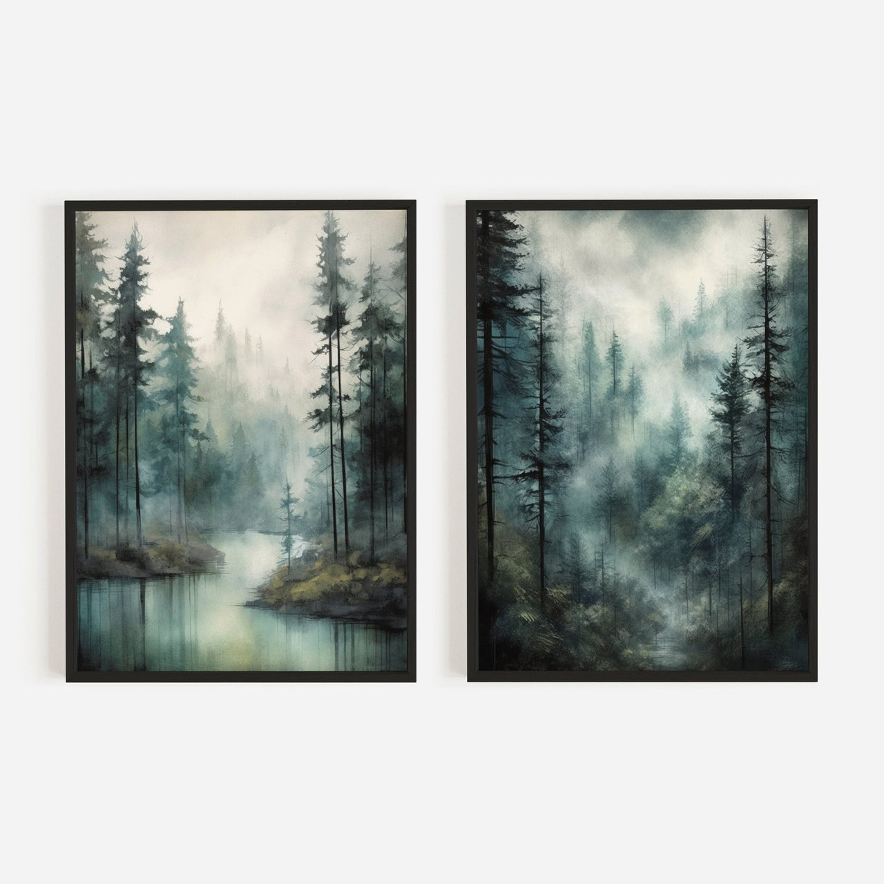 Moody Forest Wall Art – Nature Living Room Print • Set of 2