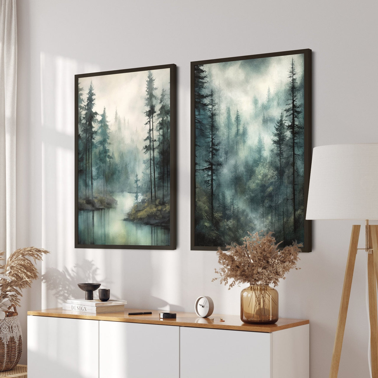Moody Forest Wall Art – Nature Living Room Print • Set of 2