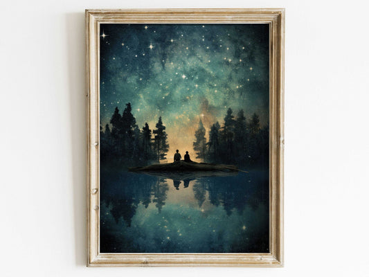 Watercolor Forest Art, Starry Sky Wall Decor, Nighttime Prints - WildfieldPrints