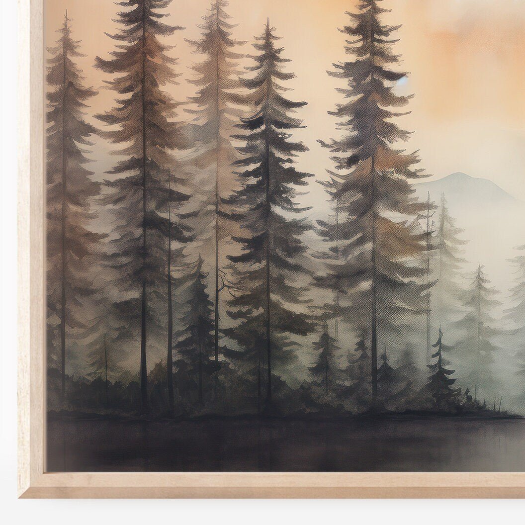 Watercolor Forest Prints, Nature Wall Decor, Sunset Landscape Art - WildfieldPrints