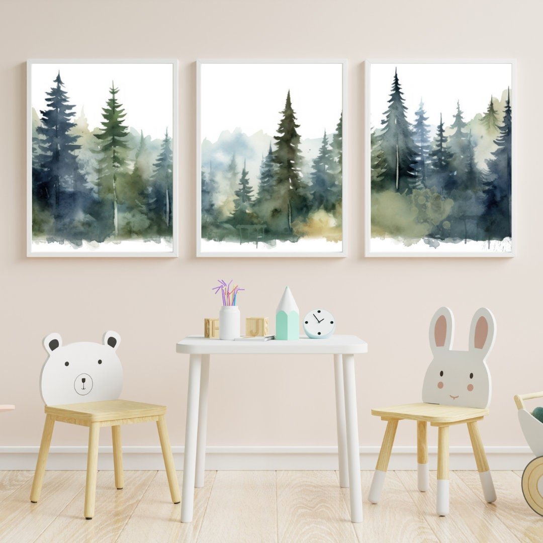 Watercolor Forest Wall Art – Nature Kids Room Print • Set of 3