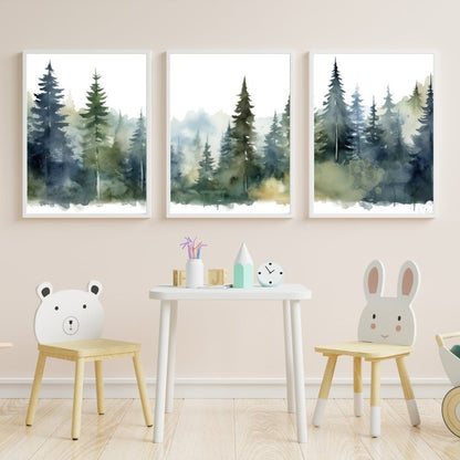 Watercolor Forest Wall Art, Charming Kids Room Decor, Pine Prints - WildfieldPrints