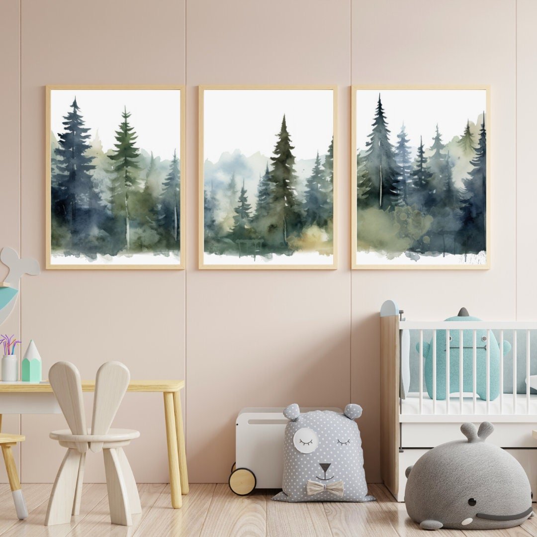 Watercolor Forest Wall Art – Nature Kids Room Print • Set of 3