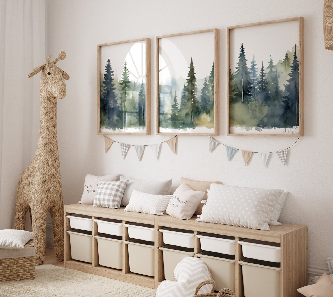 Watercolor Forest Wall Art – Nature Kids Room Print • Set of 3