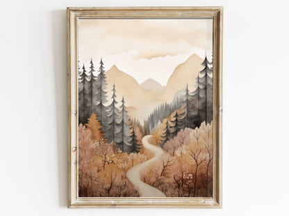 Watercolor Forest Wall Art, Vintage Nature Decor, Mountain Cabin Print - WildfieldPrints