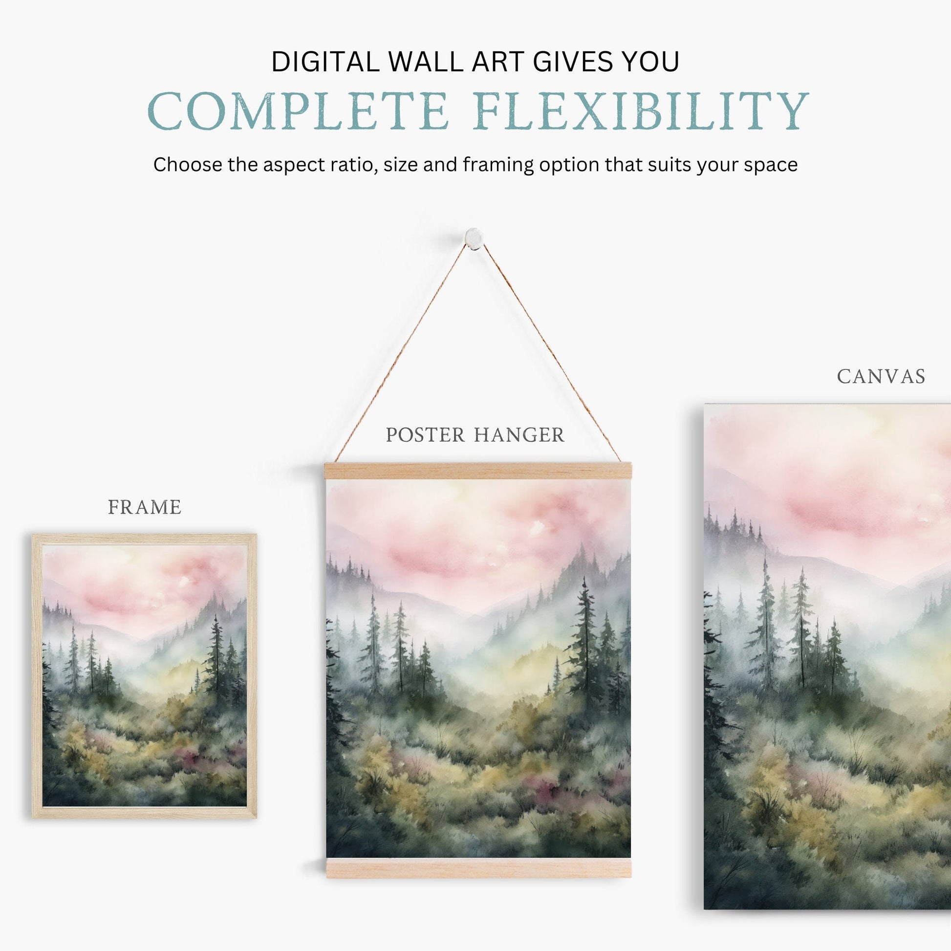 Watercolor Forest Wall Decor, Nature Print, Pine Forest & Misty Mountains - WildfieldPrints