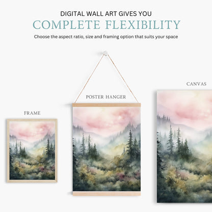 Watercolor Forest Wall Decor, Nature Print, Pine Forest & Misty Mountains - WildfieldPrints