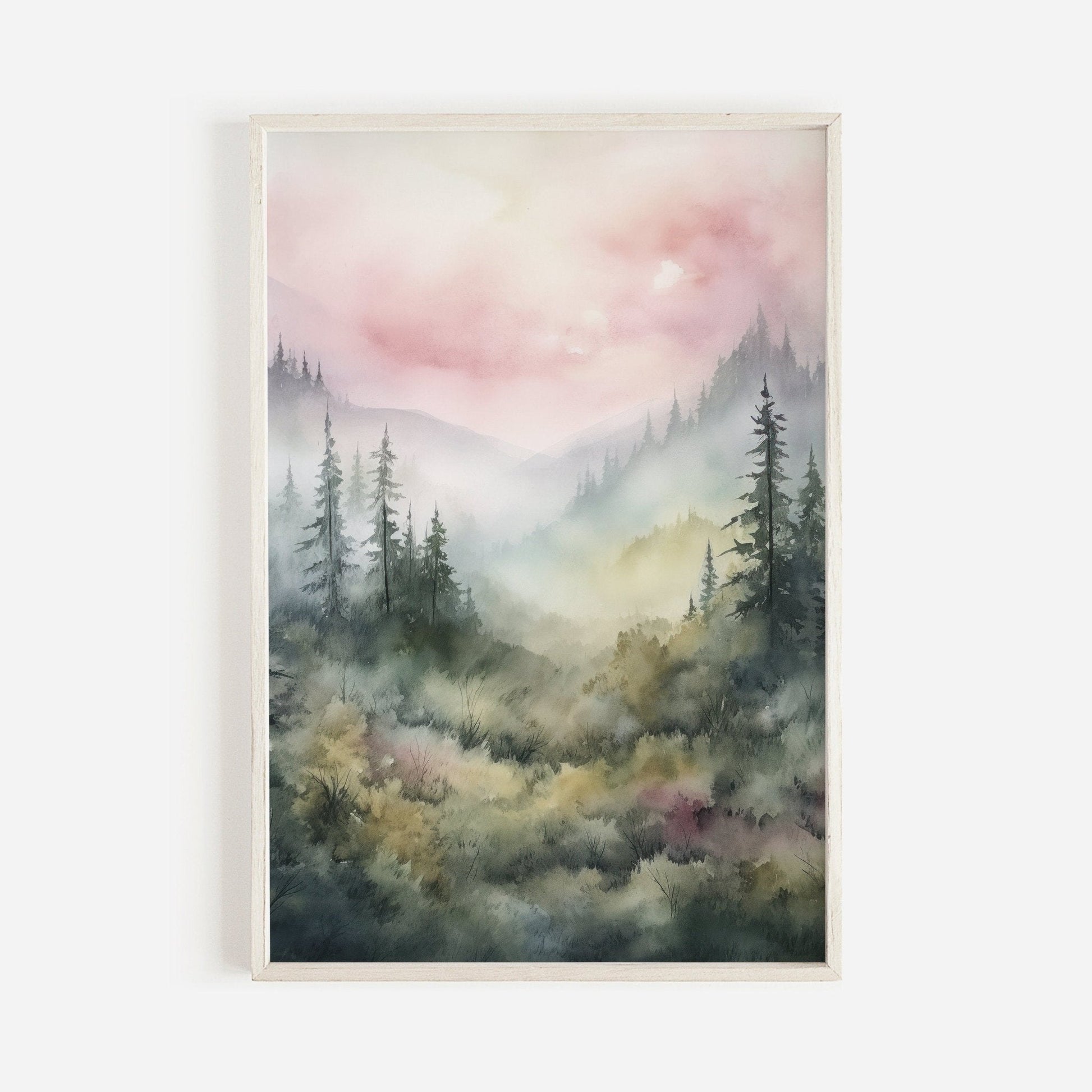 Watercolor Forest Wall Decor, Nature Print, Pine Forest & Misty Mountains - WildfieldPrints