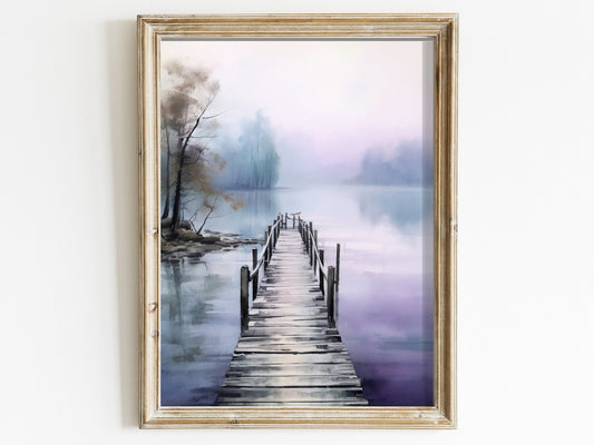Watercolor Lake Art, Scenic Nature Decor, Purple & Blue Landscape - WildfieldPrints