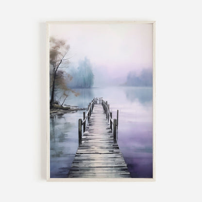 Watercolor Lake Art, Scenic Nature Decor, Purple & Blue Landscape - WildfieldPrints