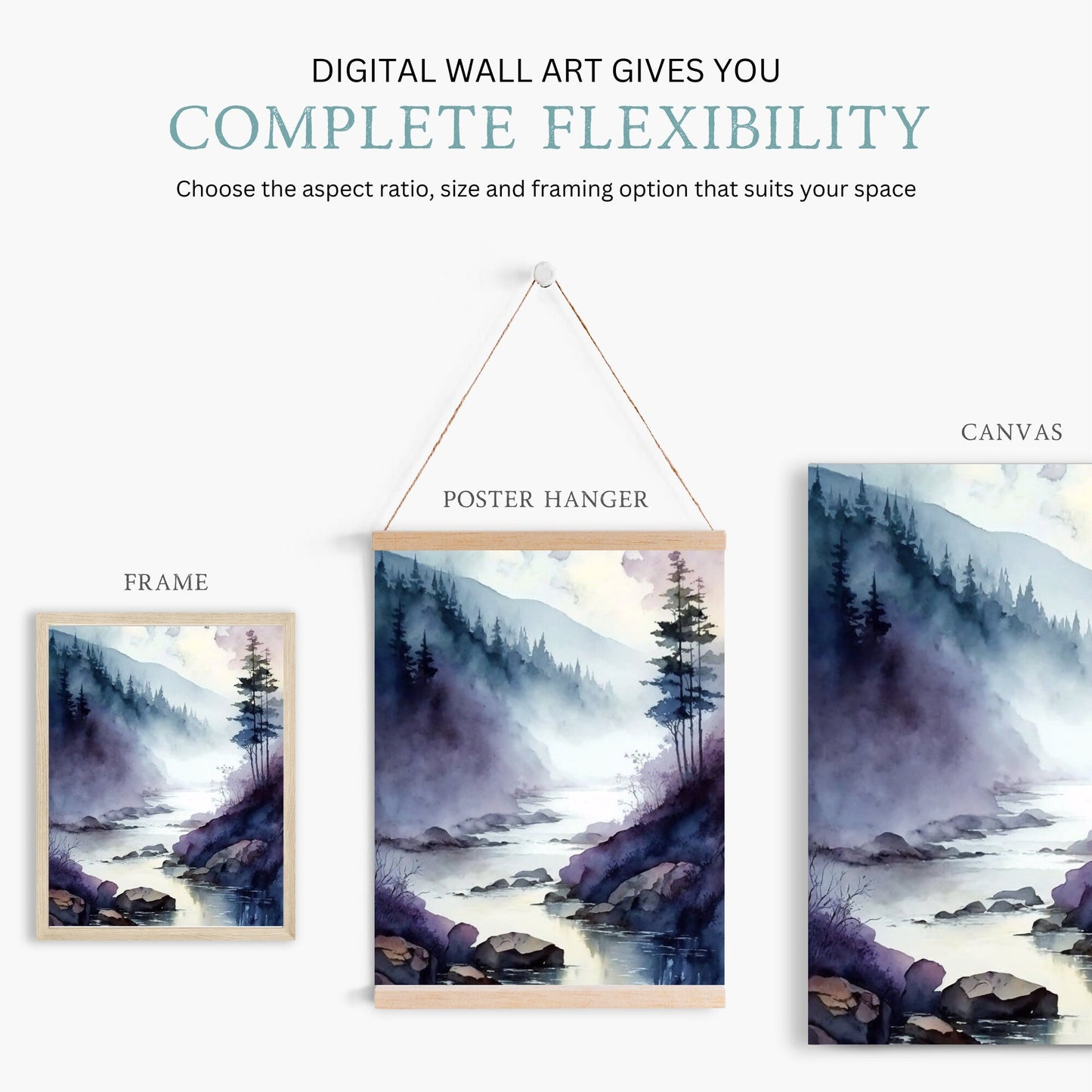 Watercolor Landscape Print, Purple Wall Decor, Moody River Art - WildfieldPrints