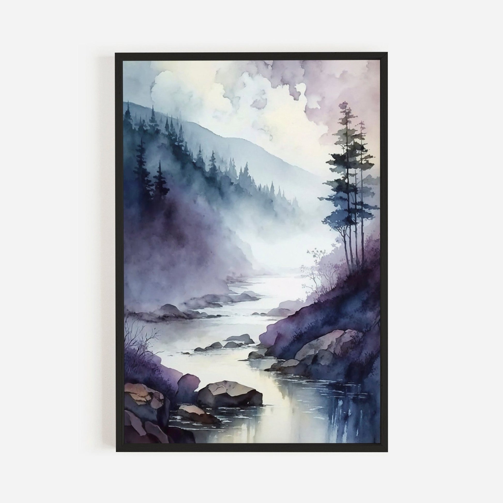 Watercolor Landscape Print, Purple Wall Decor, Moody River Art - WildfieldPrints