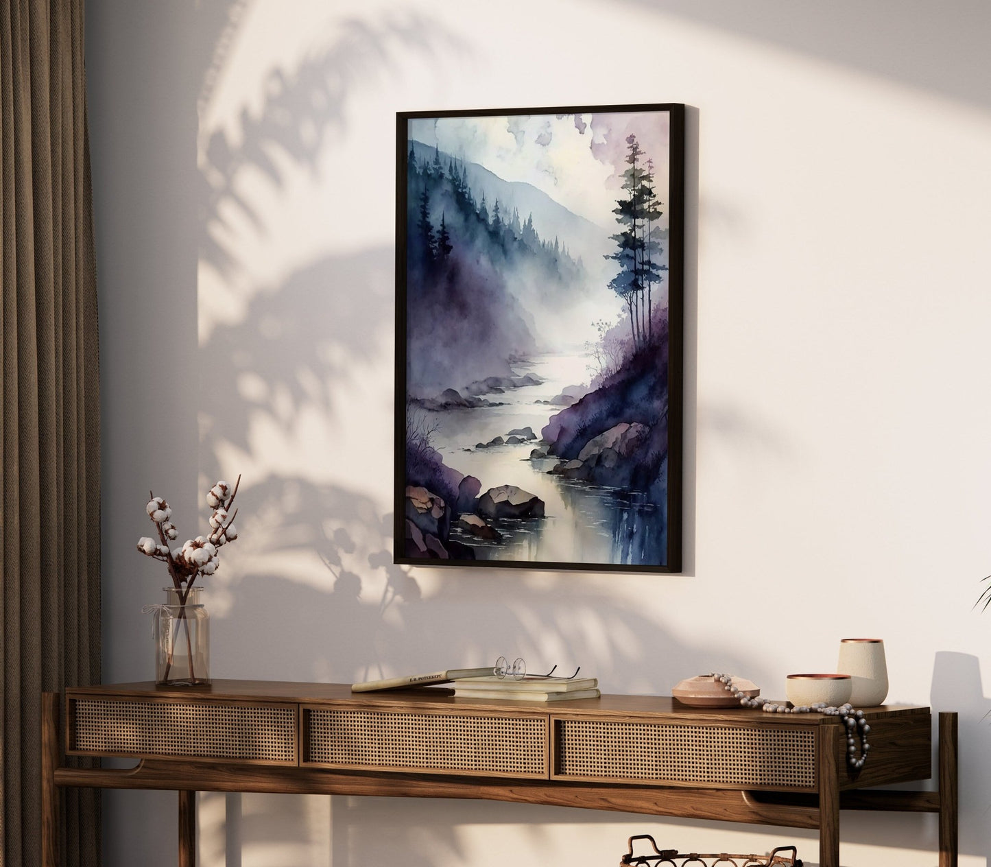 Watercolor Landscape Print, Purple Wall Decor, Moody River Art - WildfieldPrints