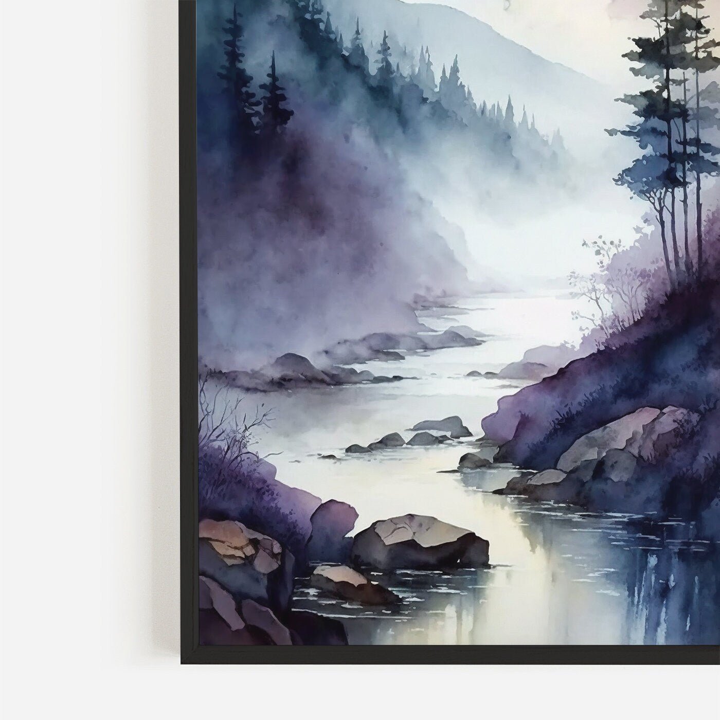 Watercolor Landscape Print, Purple Wall Decor, Moody River Art - WildfieldPrints