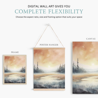 Watercolor Landscape Print, Swamp Art, Sunset Home Decor, Nature Wall Art - WildfieldPrints