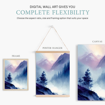 Watercolor Mountain Art, Abstract Nature Decor, Blue & Purple Landscape - WildfieldPrints