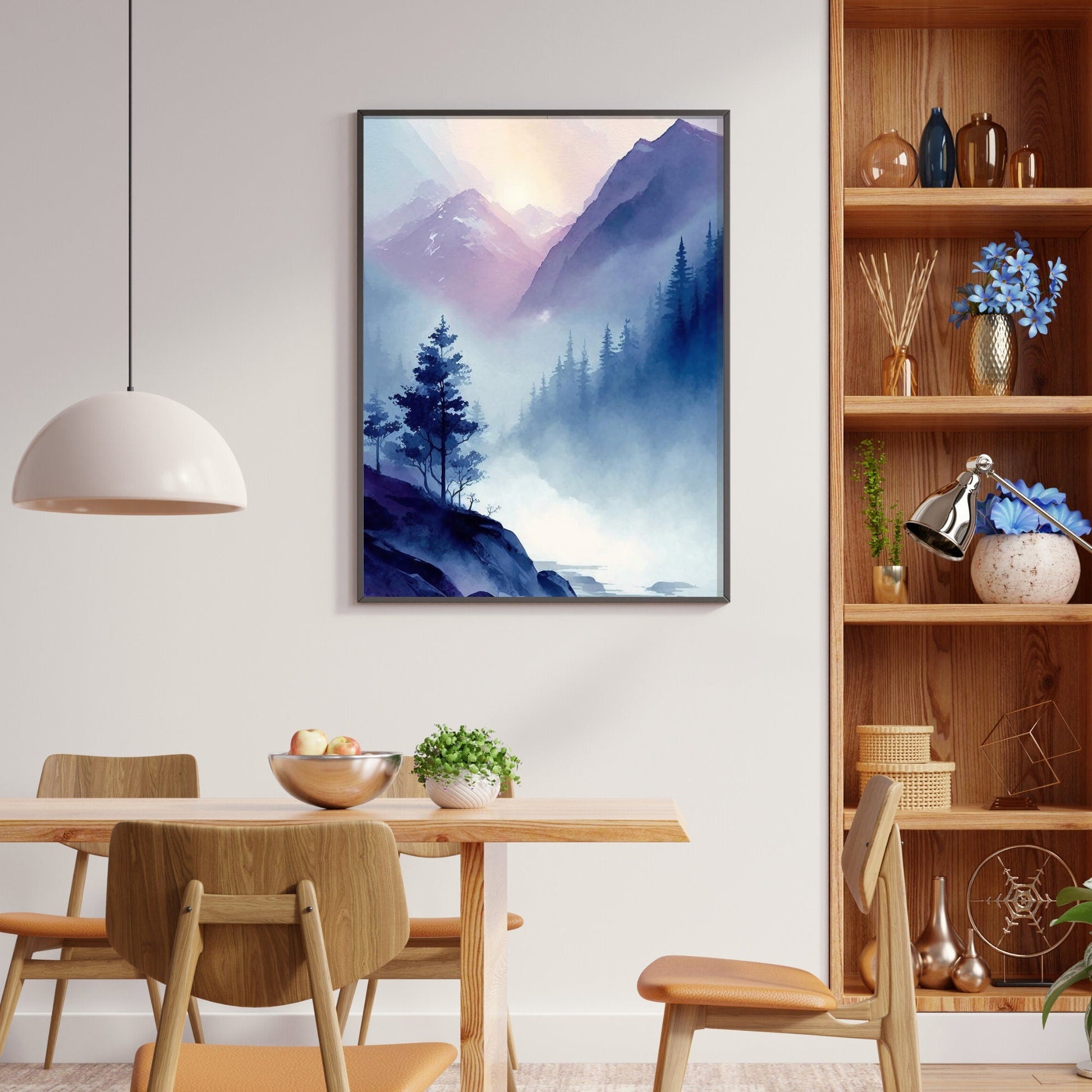 Watercolor Mountain Art, Abstract Nature Decor, Blue & Purple Landscape - WildfieldPrints
