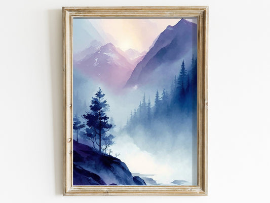 Watercolor Mountain Art, Abstract Nature Decor, Blue & Purple Landscape - WildfieldPrints
