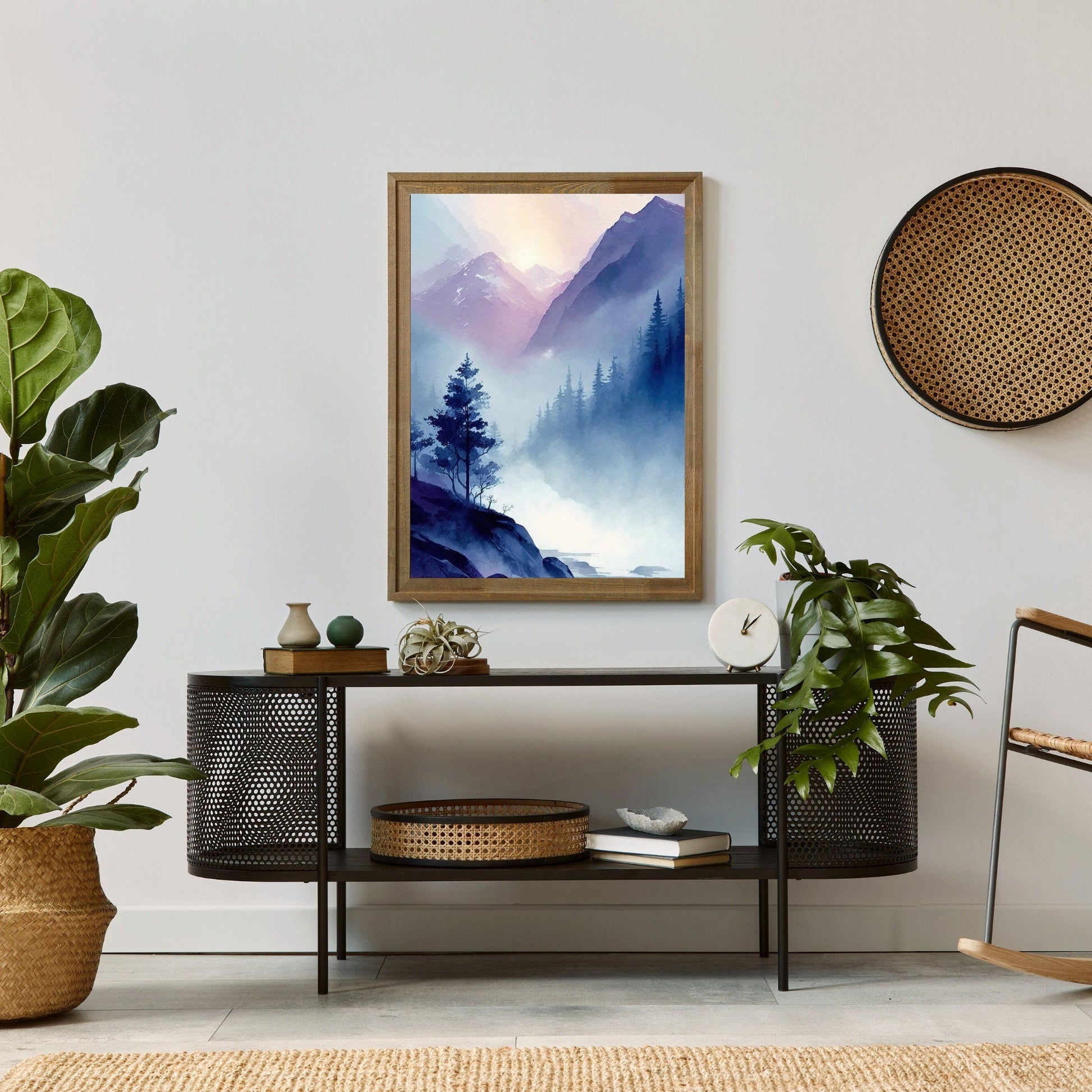 Watercolor Mountain Art, Abstract Nature Decor, Blue & Purple Landscape - WildfieldPrints