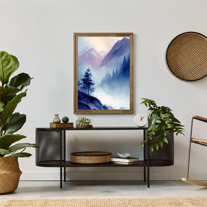Watercolor Mountain Art, Abstract Nature Decor, Blue & Purple Landscape - WildfieldPrints