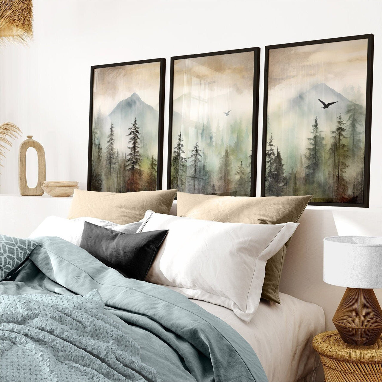 Misty Spruce Forest Wall Art – Landscape Bedroom Print • Set of 3